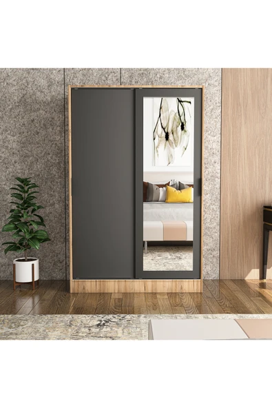 TUMBLERA Berceste Antrasit Atlantik Çam 2 Sürgü Kapaklı Aynalı 8 Bölmeli Dolap Gardırop - 2