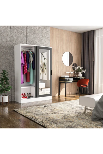 TUMBLERA Berceste Antrasit Beyaz 2 Sürgü Kapaklı Aynalı 10 Bölmeli Dolap Gardırop - 2