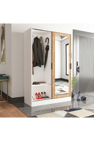 TUMBLERA AURA WHİTE PİNE Portmanto Vestiyer Ayakkabılık Aynalı 2 Sürgü Kapaklı - 3