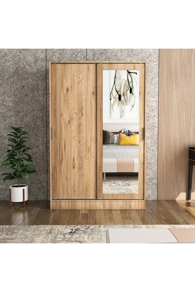 TUMBLERA Berceste Atlantik Çam 2 Sürgü Kapaklı Aynalı 8 Bölmeli Dolap Gardırop - 2