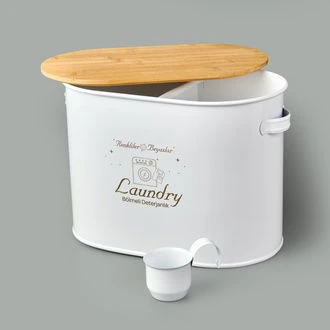 Bath 2 Bölmeli Ahşap Kapaklı Metal Deterjan Kutusu - Beyaz - 12 lt - Resim 2