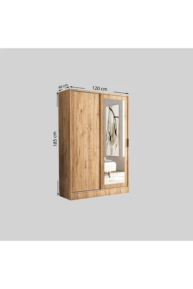TUMBLERA Berceste Atlantik Çam 2 Sürgü Kapaklı Aynalı 8 Bölmeli Dolap Gardırop - 5