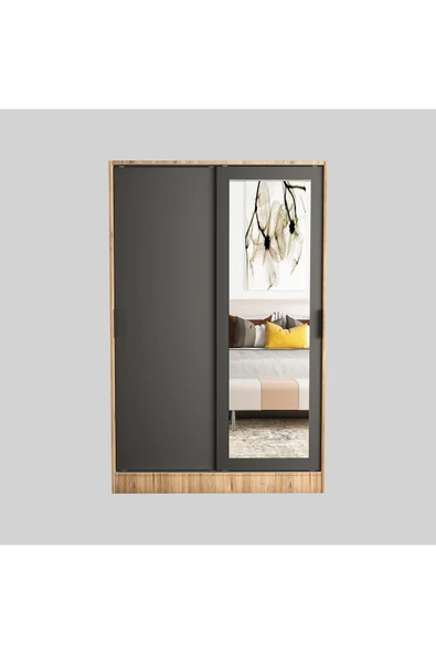 TUMBLERA Berceste Antrasit Atlantik Çam 2 Sürgü Kapaklı Aynalı 8 Bölmeli Dolap Gardırop - 6