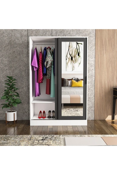 TUMBLERA Berceste Antrasit Beyaz 2 Sürgü Kapaklı Aynalı 10 Bölmeli Dolap Gardırop - 5