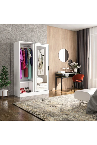 TUMBLERA Berceste Beyaz 2 Sürgü Kapaklı Aynalı 10 Bölmeli Dolap Gardırop - 2