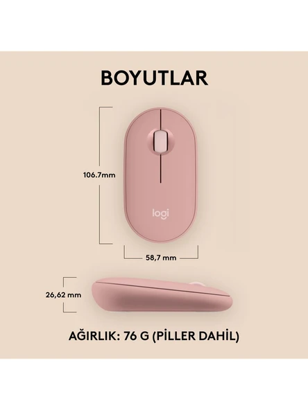 Logitech M350s Pebble 2 Bluetooth Kablosuz Sessiz Kompakt Mouse - Pembe - 6