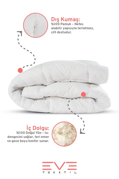 %100 Merinos Kuzu Yünlü Pamuklu Antialerjik Çift Kişilik Yorgan 195x215 Cm - 2