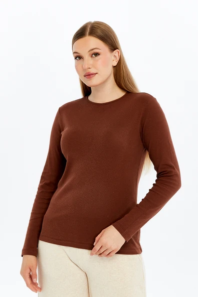 KADIN UZUN KOLLU BİSİKLET YAKA TİŞÖRT   S Koyu Kahve - Resim 7