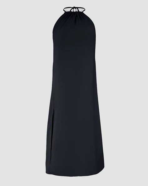 Kadın Boyundan Askılı Halter Kollu Viskon Elbise - Resim 4