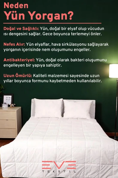 %100 Merinos Kuzu Yünlü Pamuklu Antialerjik Çift Kişilik Yorgan 195x215 Cm - 4