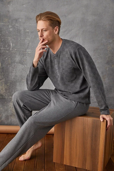 Kly 7027 Erkek Jakar Midi Yaka Pijama Takım - 2