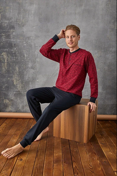 KLY 7024 Erkek Midi Yaka Kol Paça Manşetli Pijama Takım ürün görseli 1