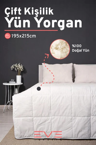 %100 Merinos Kuzu Yünlü Pamuklu Antialerjik Çift Kişilik Yorgan 195x215 Cm