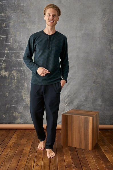 Kly 7027 Erkek Jakar Midi Yaka Pijama Takım - 3