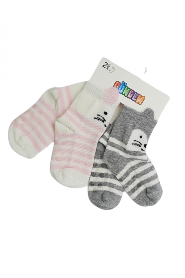 2li Silikonlu Desenli Kız Bebek Çorabı 6-12 Ay BT-0357
