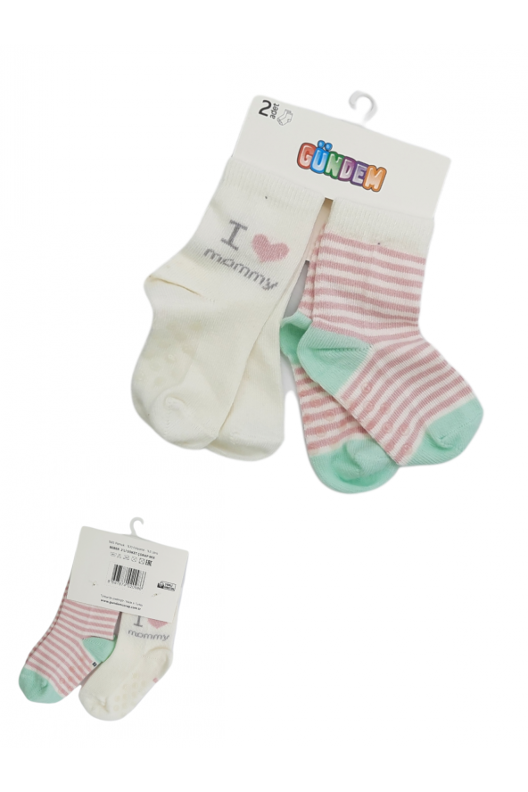 2li Silikonlu Desenli Kız Bebek Çorabı  6-12 Ay BT-0359