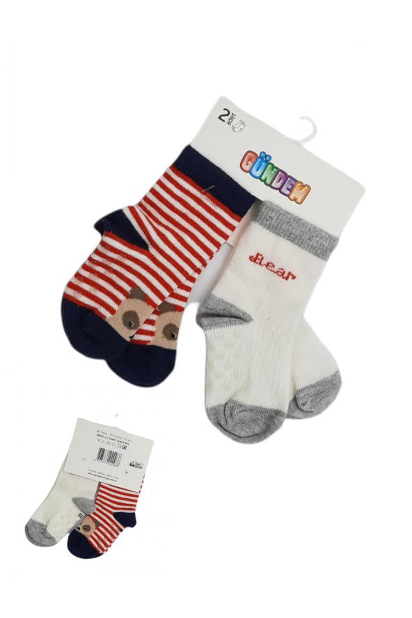 2li Silikonlu Renkli Desenli Erkek Bebek Çorabı   6-12 Ay BT-0368