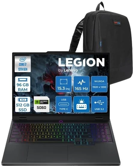 Lenovo Legion 5 Intel Core I7 13650HX 96GB Ddr5 512GB SSD 8GB/RTX5060/115W 15.3" Wuxga 165Hz IPS 100% Srgb Freedos Taşınabilir Bilgisayar 83LY00AXTRF21 + Zettaçanta ürün görseli 1