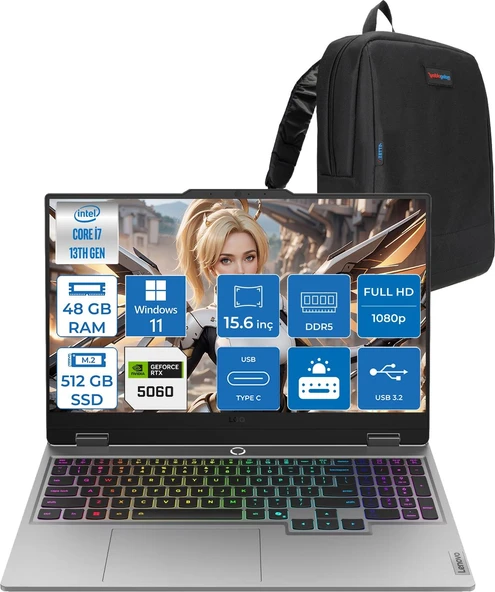 Lenovo Loq Intel Core I7-13700HX 48GB Ddr5 512GB SSD 8GB/RTX5060 100W Gddr7 15.6" Fhd (1920X1080) IPS 300NITS 144Hz Gsynic Windows 11 Pro Taşınabilir Bilgisayar.83JE00LFTRP12+ZETTAÇANTA ürün görseli