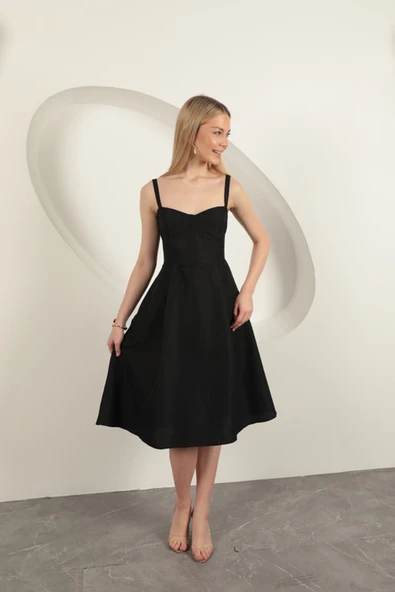 Askılı Midi Elbise-Siyah ürün görseli