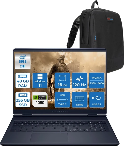 Dell Alienware 16 Aurora Intel Core 5 210H 48GB Ddr5 256GB SSD RTX4050 6gb 85W Windows 11 Pro 16" WQXGA(2560X1600) 120Hz 300NITS Taşınabilir Bilgisayar AC16250P21 + Zetta Çanta ürün görseli