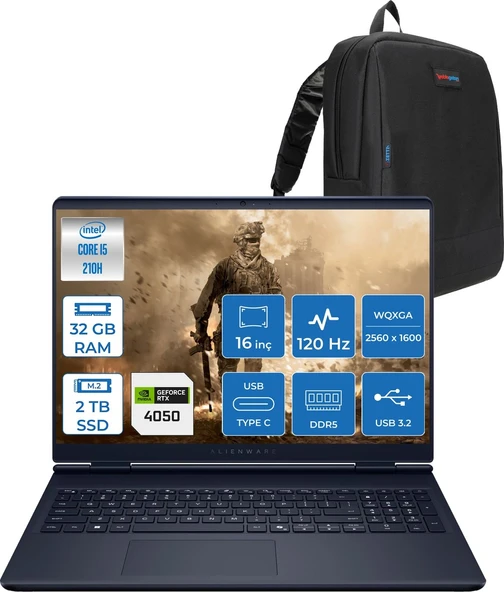 Dell Alienware 16 Aurora Intel Core 5 210H 32GB Ddr5 2tb SSD RTX4050 6gb 85W Freedos 16" WQXGA(2560X1600) 120Hz 300NITS Taşınabilir Bilgisayar AC16250F14 + Zetta Çanta ürün görseli 1