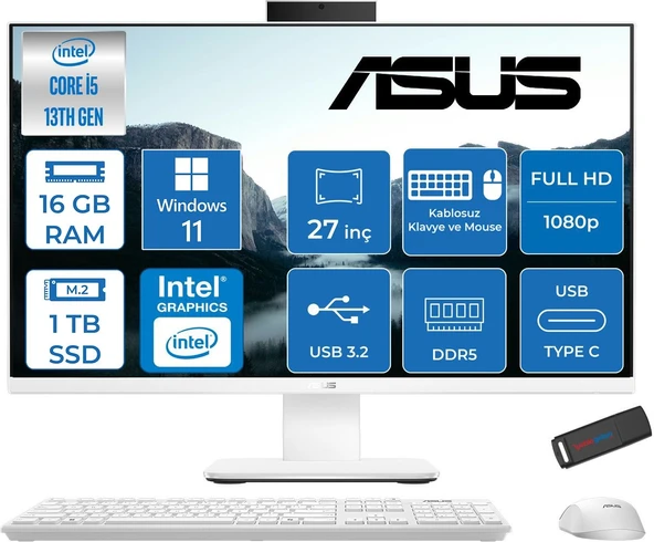 Asus V470VAK Intel Core İ5-13420H 16GB Ddr5 1tb SSD 27'' Fhd 100Hz 300NITS Windows 11 Home Beyaz Allınone Bilgisayar ABI58512W0DH03+ZETTAUSBBELLEK ürün görseli