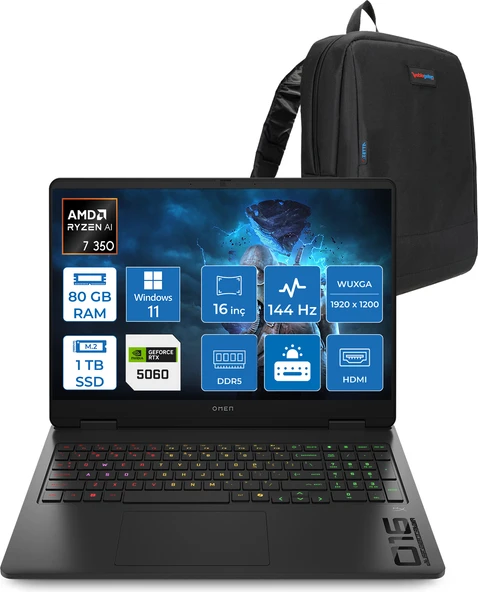 Hp Omen Gaming Laptop Amd Ryzen™ Aı 7 350 80GB Ddr5 1tb SSD 8GB/RTX5060 Gddr7 16" 144 Hz, IPS  300 Nits IPS 2k (1920 x 1200 WIN11HOME Gaming BILG.BL6W4EAH23+ZETTAÇANTA ürün görseli 1