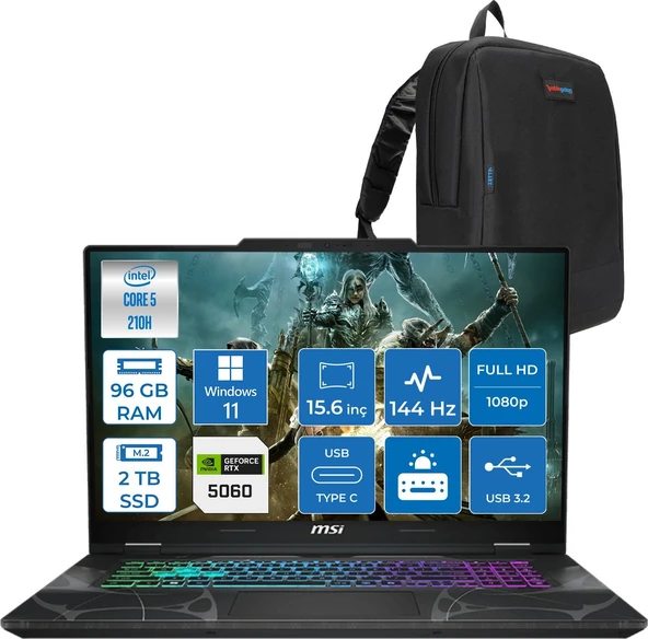 Msı Cyborg 15 Intel Core 5 210H 96GB Ddr5 2tb SSD RTX5060 Gddr7 8gb Windows 11 Home 15.6" Fhd (1920X1080) 144HZ Taşınabilir Bilgisayar B2RWFKG207XTRH39 + Zetta Çanta ürün görseli 1