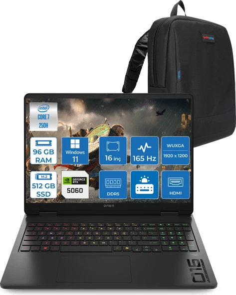 Hp Omen Gaming Laptop Intel Core 7 250H Aı 96GB Ddr5 512GB SSD 8GB/RTX5060 Gddr7 16" 165 Hz, 3 Ms IPS  400 Nits IPS 2k (1920 x 1200 WIN11HOME Gaming BILG.BQ9A8EAH27+ZETTAÇANTA ürün görseli 1