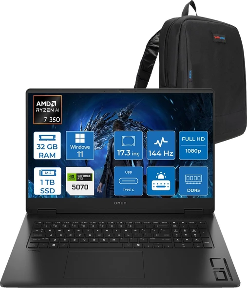 Hp Omen 17-DB1005NT Amd Ryzen Aı 7 350 32GB Ddr5 1tb SSD RTX5070 8gb Gddr7 17.3 Inç Fullhd (1920 x 1080) 144Hz 7ms 300NITS IPS Windows 11 Home Taşınabilir Bilgisayar C67G2EAH14 + Zetta Çanta ürün görseli 1