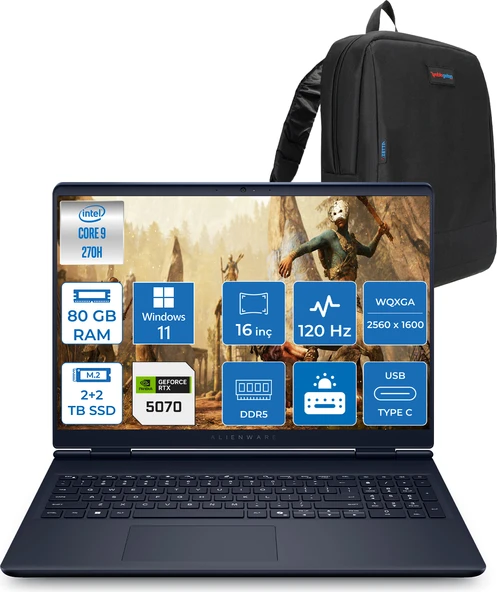 Dell Alienware 16 Aurora Intel Core 9-270H Aı 80GB GB 2tb+2tb 8GB/RTX5070 Gddr7 115W 16" 2.5k 2560 x 1600 Wqxga 120Hz  Windows 11 Pro Taşınabilir Bilgisayar WAC16250-C932157P38+ZETTAÇANTA ürün görseli 1