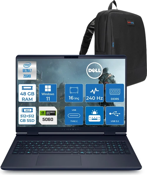 Dell Alienware 16X Aurora Core Ultra 7 255HX Aı 48GB 512GB SSD+512GB SSD  8GB/RTX5060 Gddr7 115W 16" Wqxga 240Hz 500 Nits  Windows 11 Home Taşınabilir Bilgisayar ZAC16251H18+ZETTAÇANTA ürün görseli