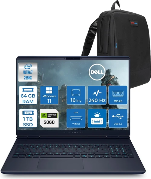 Dell Alienware 16X Aurora Core Ultra 7 255HX Aı 64GB 1tb SSD 8GB/RTX5060 Gddr7 115W 16" Wqxga 240Hz 500 Nits  Windows 11 Home Taşınabilir Bilgisayar ZAC16251H27+ZETTAÇANTA ürün görseli