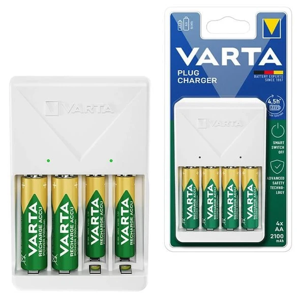 Varta Plug AA/AAA Kalem Pil Şarj Cihazı Aleti - 4 Adet 2100Mah AA HR6 NI-MH Şarj Edilebilir Pil Hediyeli ürün görseli 1