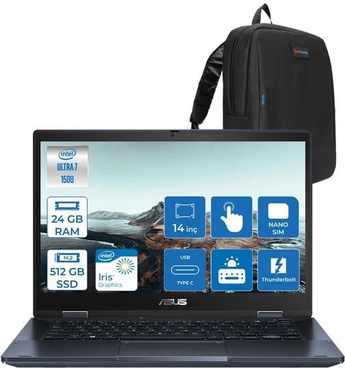 Asus Expertbook Intel Core Ultra 7 150U 24GB 512GB SSD Intel Iris x Graphics 14" Fhd 4g Sim Windows 11 Home Dokunmatik Taşınabilir Bilgisayar B3402FVAH05 + Zettaçanta ürün görseli