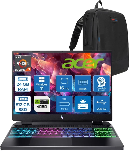 Acer Nitro 16 AN16-42 Amd R7 8845HS Aı 24GB Ddr5 512GB SSD 8GB/RTX4060 140W 16" Wuxga 180Hz IPS Windows 11 Pro Taşınabilir Bilgisayar NHQSKEY004P02+ZETTAÇANTA ürün görseli