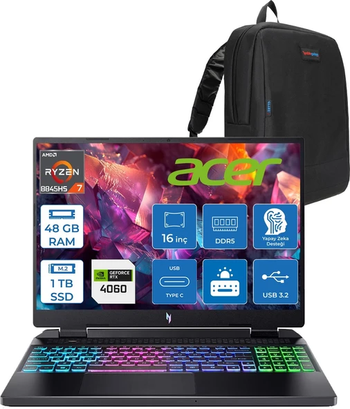 Acer Nitro 16 AN16-42 Amd R7 8845HS Aı 48GB Ddr5 1tb SSD 8GB/RTX4060 140W 16" Wuxga 180Hz IPS Freedos Taşınabilir Bilgisayar NHQSKEY004F13+ZETTAÇANTA ürün görseli