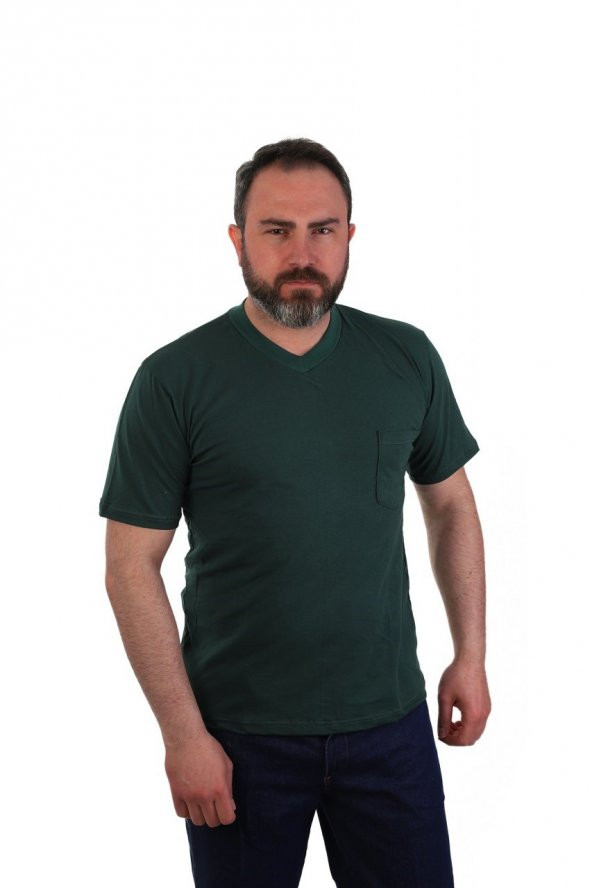 ESER - V Yaka Kısa Kol Penye İş Tişörtü - Cepli - Koyu Yeşil ürün görseli 1