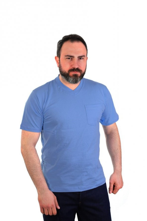 ESER - V Yaka Kısa Kol İş Tişörtü - Cepli - Açık Mavi ürün görseli 1