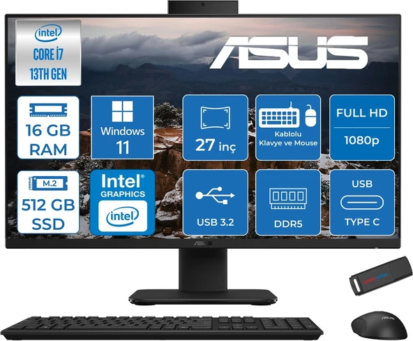 Asus V470VAK Intel Core I7-13620H 16GB Ddr5 512GB SSD 27'' Fhd 100Hz 300NITS Windows 11 Home Siyah Allınone Bilgisayar ASI716512B0DH02+ZETTAUSBBELLEK ürün görseli 1