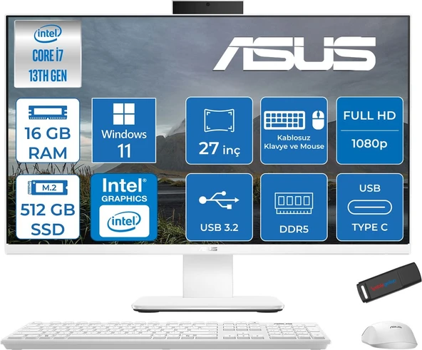 Asus V470VAK Intel Core I7-13620H 16GB Ddr5 512GB SSD 27'' Fhd 100Hz 300NITS Windows 11 Home Beyaz Allınone Bilgisayar ABI716512W0DH02+ZETTAUSBBELLEK ürün görseli 1