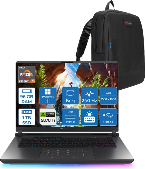 Asus Rog Strix G16 G614FR-S5111 Amd Ryzen 9 9955HX Aı 96GB GB 1tb SSD 12GB/RTX5070Tİ Gddr7 140W 16" 2.5k 2560X1600 Wqxga 240HZ 3ms 500NİTS Windows 11 Home Taşınabilir Bilgisayar WS5111H43+ZETTAÇANTA ürün görseli 1