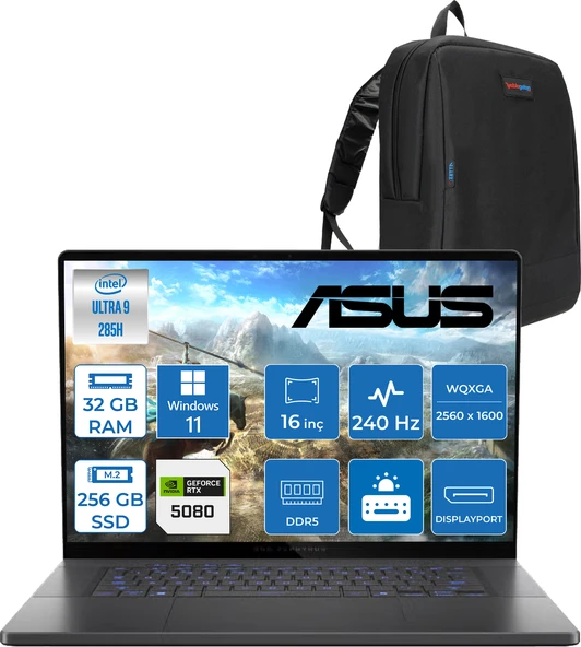 Asus Rog Zephyrus G16 GU605CW Intel Core Ultra 9 285H AI 32 GB 256 GB SSD RTX5080-16 GB 120W WIN11PRO 16" OLED 2.5k 240Hz 0.2Ms 550 Nits WQXGA (2560x1600) Taşınabilir Bilgisayar WQR160111+ZETTAÇANTA ürün görseli 1