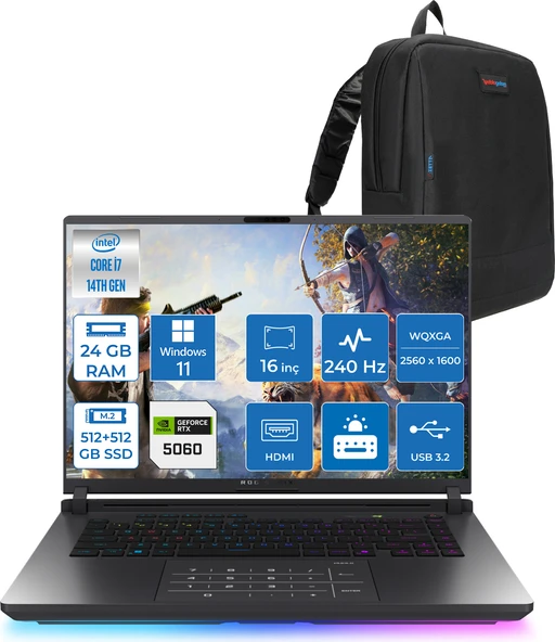 Asus Rog Strix G16 G615JMR-S5049 Intel® Core™ I7 14650HX 24GB 512GB SSD +512GB SSD 8GB/RTX5060 Gddr7 115W 16 Inç 2,5k (2560 x 1600, Wqxga) 240Hz 3ms  WINDOWS11HOME Gaming Laptop WS5049H02+ZETTAÇANTA ürün görseli