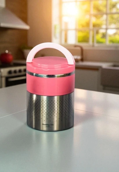 Tohana kulplu çelik sefer tası - yemek termosu saklama kabı 2 katlı pembe ürün görseli