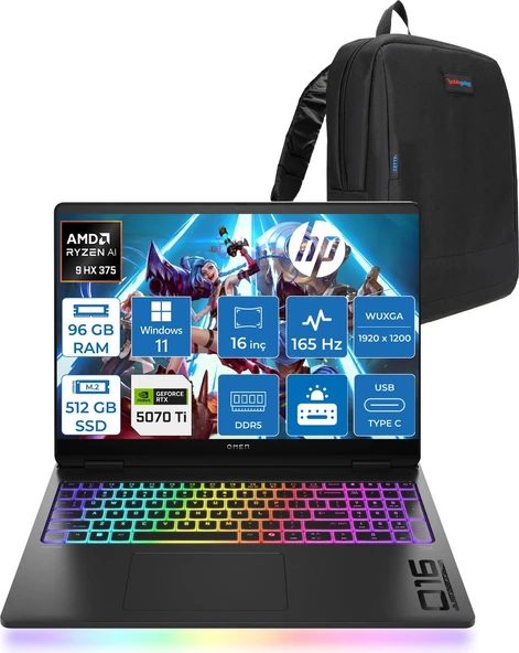Hp Omen Max 16-AK0005NT Amd Ryzen Aı 9 HX375 96GB 512GB SSD 12GB/RTX5070Tİ Gddr7 16 Inç 2k 165 Hz, 3 Ms 400 Nit Windows 11 Pro Taşınabilir Bilgisayar ZBQ1Y0EAP41+ZETTAÇANTA ürün görseli 1