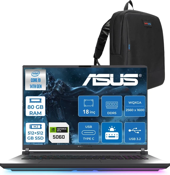 Asus Rog Strix G18 G815JMR Intel Core I9 14900HX 80GB 512GB+512GB SSD 8GB/RTX5060 115W Gddr7 18" 2.5k (2560 x 1600, Wqxga) 240Hz 3ms Freedos Taşınabilir Bilgisayar ZS9035F34+ZETTAÇANTA ürün görseli 1