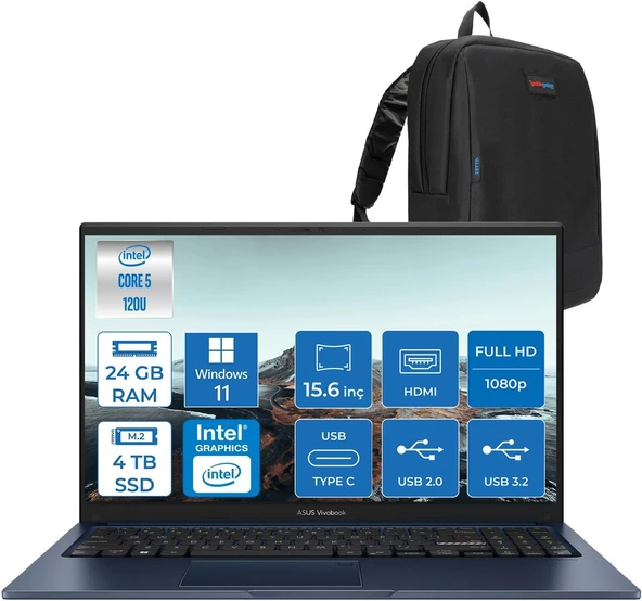 Asus Vivobook X1504VA 15 1.nesil Core 5 120U-24GB-4TB SSD Fhd 15.6INC-Windows 11 Home Taşınabilir Bilgisayar ZNJ2861H10+ZETTAÇANTA ürün görseli 1
