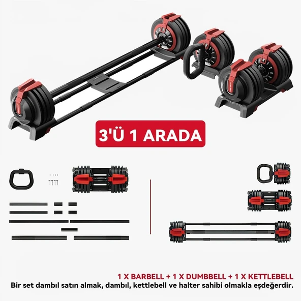 KingSmith Mekanik Ayarlı 24KG Dambıl, Kettlebell, Halter Seti (3ü1 Arada) - 1